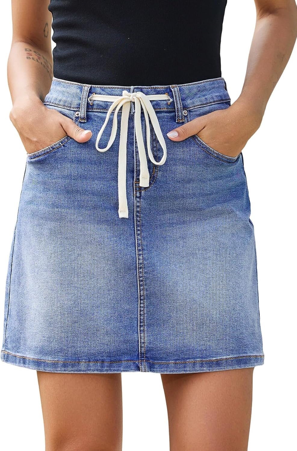 Sidefeel Women's Jean Skirt High Waist Drawstring Stretchy Casual Summer Loose Fit Trendy Mini Denim Skirt with Pockets
