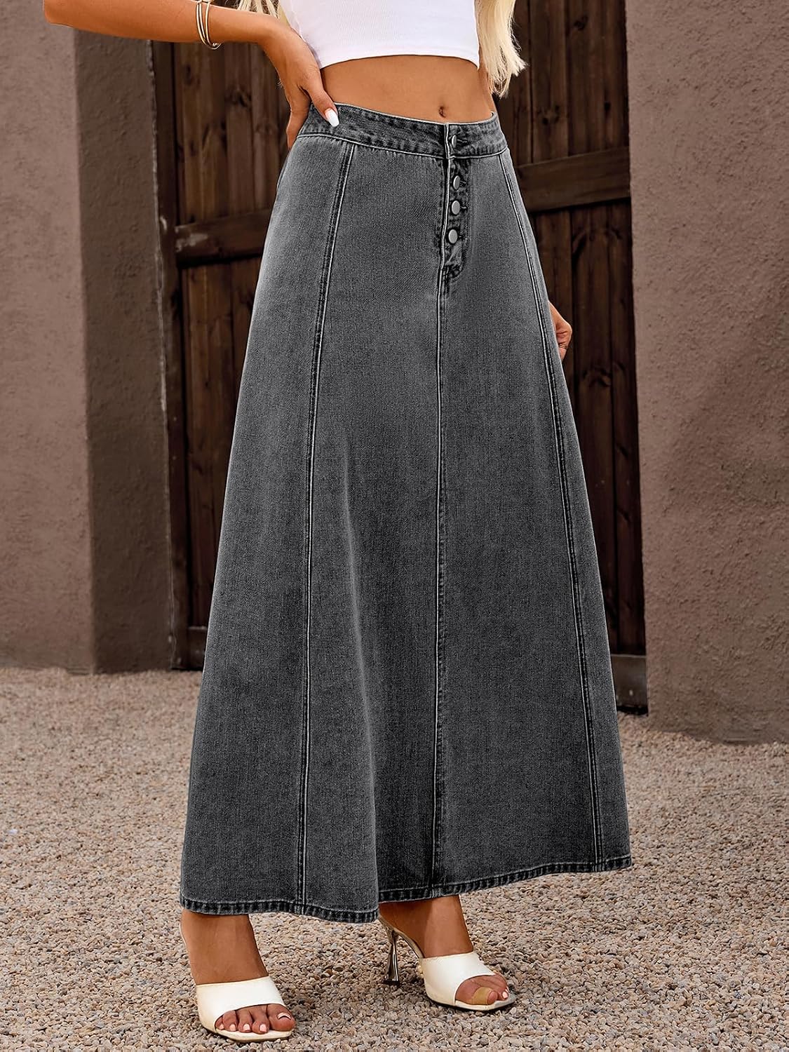 ebossy Women's High Waist Denim Skirt Classic 4-Button Flare A Line Stretch Maxi Long Jean Skirts with Pockets