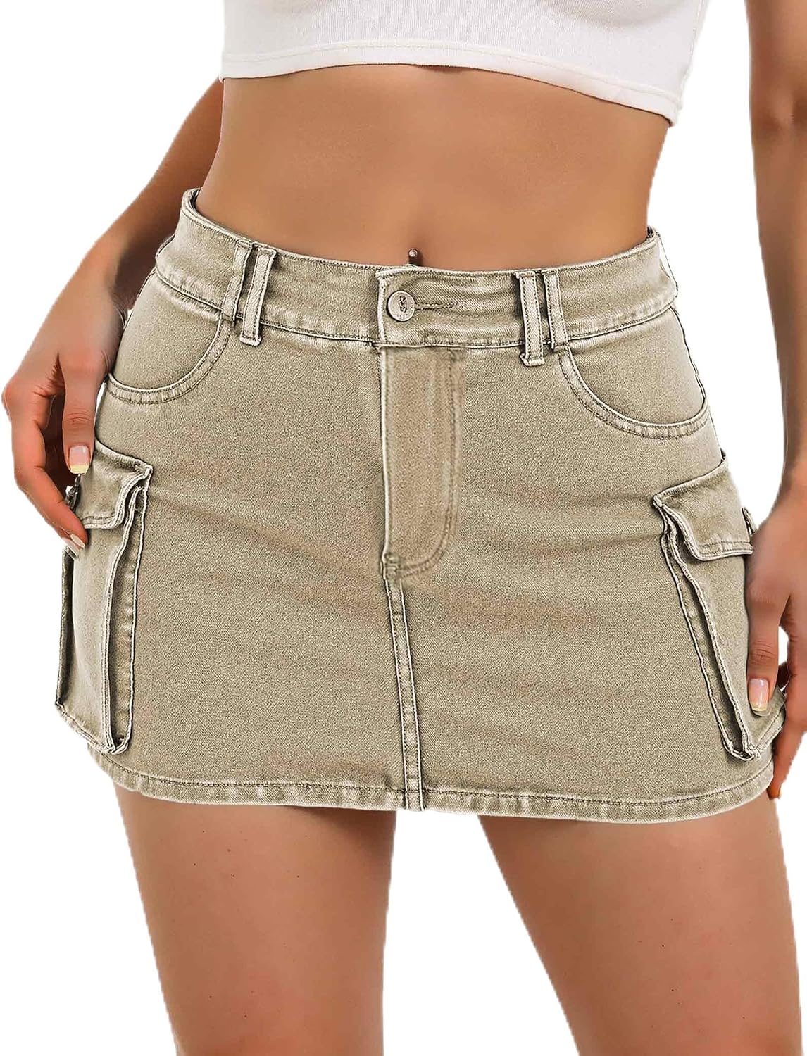 Buauty Women Denim Cargo Skirt Y2K, Mini Low Waist Jean Skirts Bodycon Flap Pockets 2026 Trendy Short