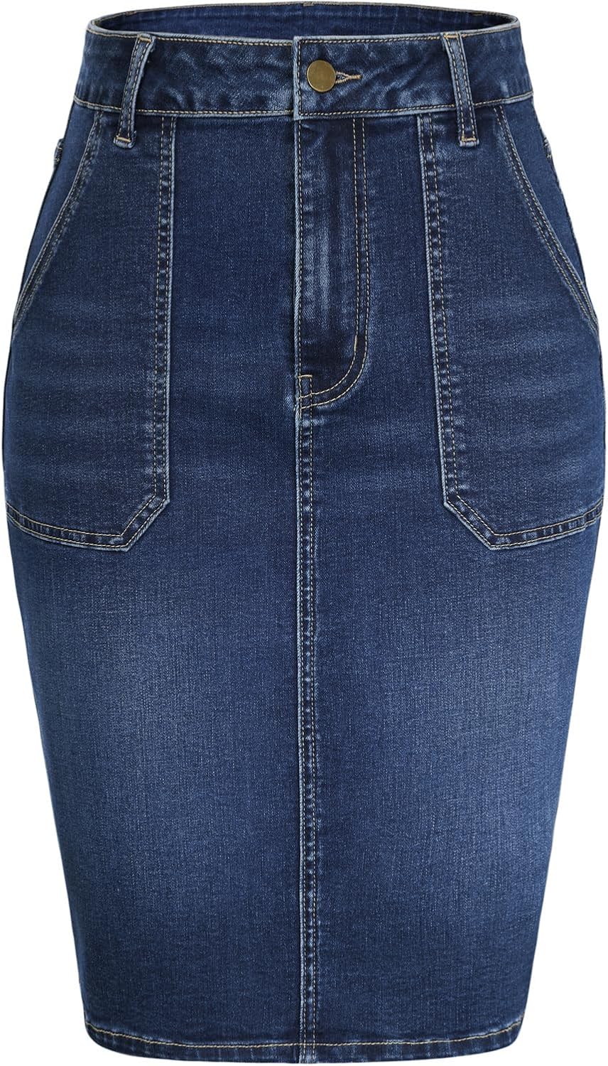 Belle Poque Women's Denim Skirt Stretchy High Waisted Below Knee Length Jean Skirt with Pockets Spring Summer Trendy 2026