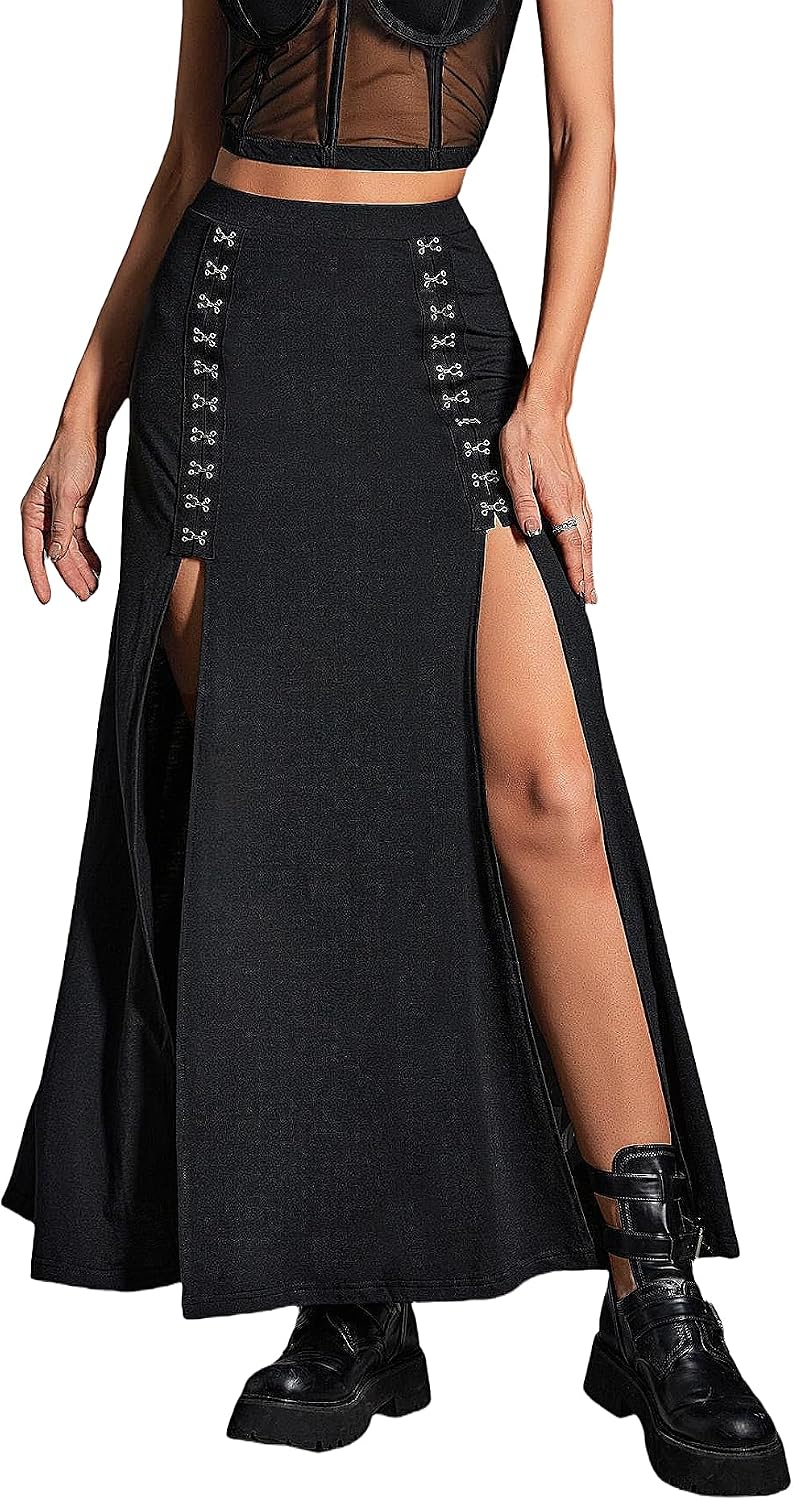 Women's Black Maxi Skirt with Double Side Slit & Hook-Buckles