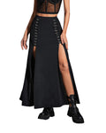 Women's Black Maxi Skirt with Double Side Slit & Hook-Buckles