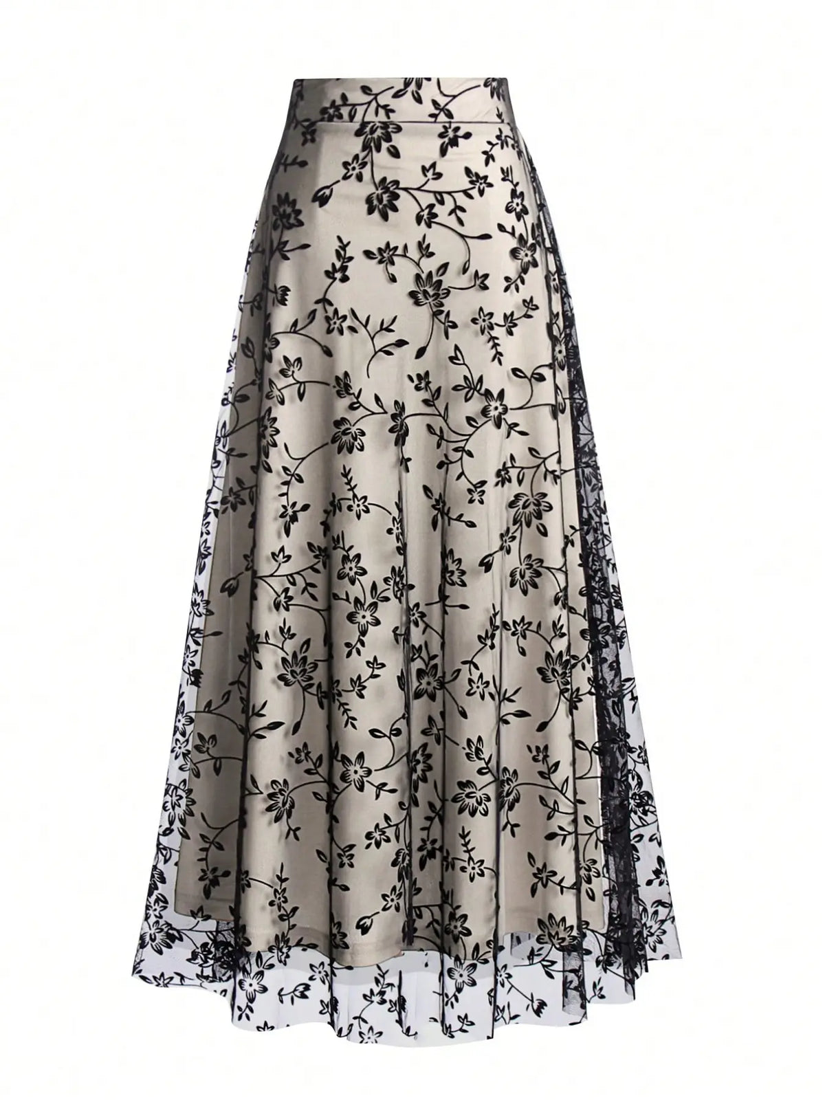 Women's Floral Embroidery Contrast Netting A-line Half Skirt, Aesthetic Fashionable Skirt, Tulle Fabric Skirt, Casual Elegant High Waist Midi Dress for Party, Holiday, Wedding Guest Wear, Four Seasons Suitable Long Dress for Women