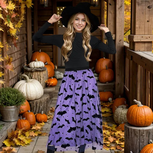 CHICWISH  Women's Velvet Bats Mesh Tulle Midi Skirt in Pumpkin for Halloween Party or Any Occasion, Autumn, Winter Outfit, Festive Outfit Womenswear Bottom