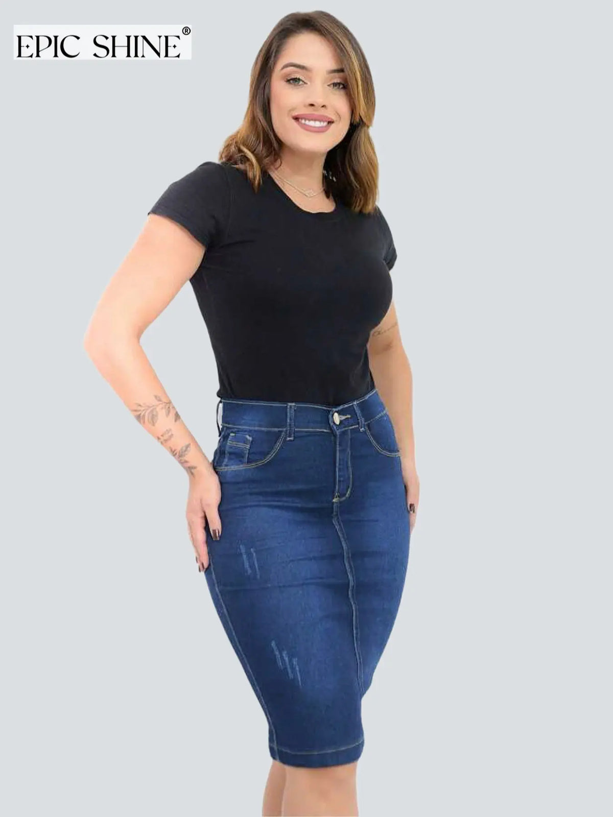 Women's High Waist Stretch Denim Skirt, Elegant Mid-Length Button Zipper Design, Versatile Casual Office Wear, Suitable for All Seasons, Stretchy Denim Skirts