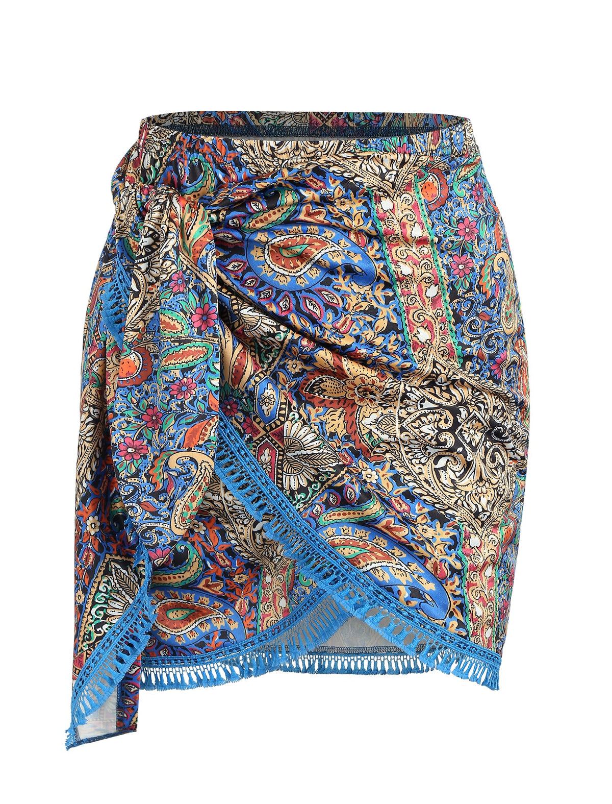 ZAFUL Slit Skirt for Women Boho Print Tie Side Wrap Tassel Casual Beach Mini Skirt