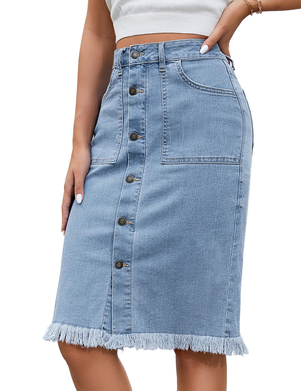 luvamia Women's Casual Mid Rise Button Down Frayed Raw Hem Denim Jean Midi Skirt