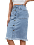 luvamia Women's Casual Mid Rise Button Down Frayed Raw Hem Denim Jean Midi Skirt
