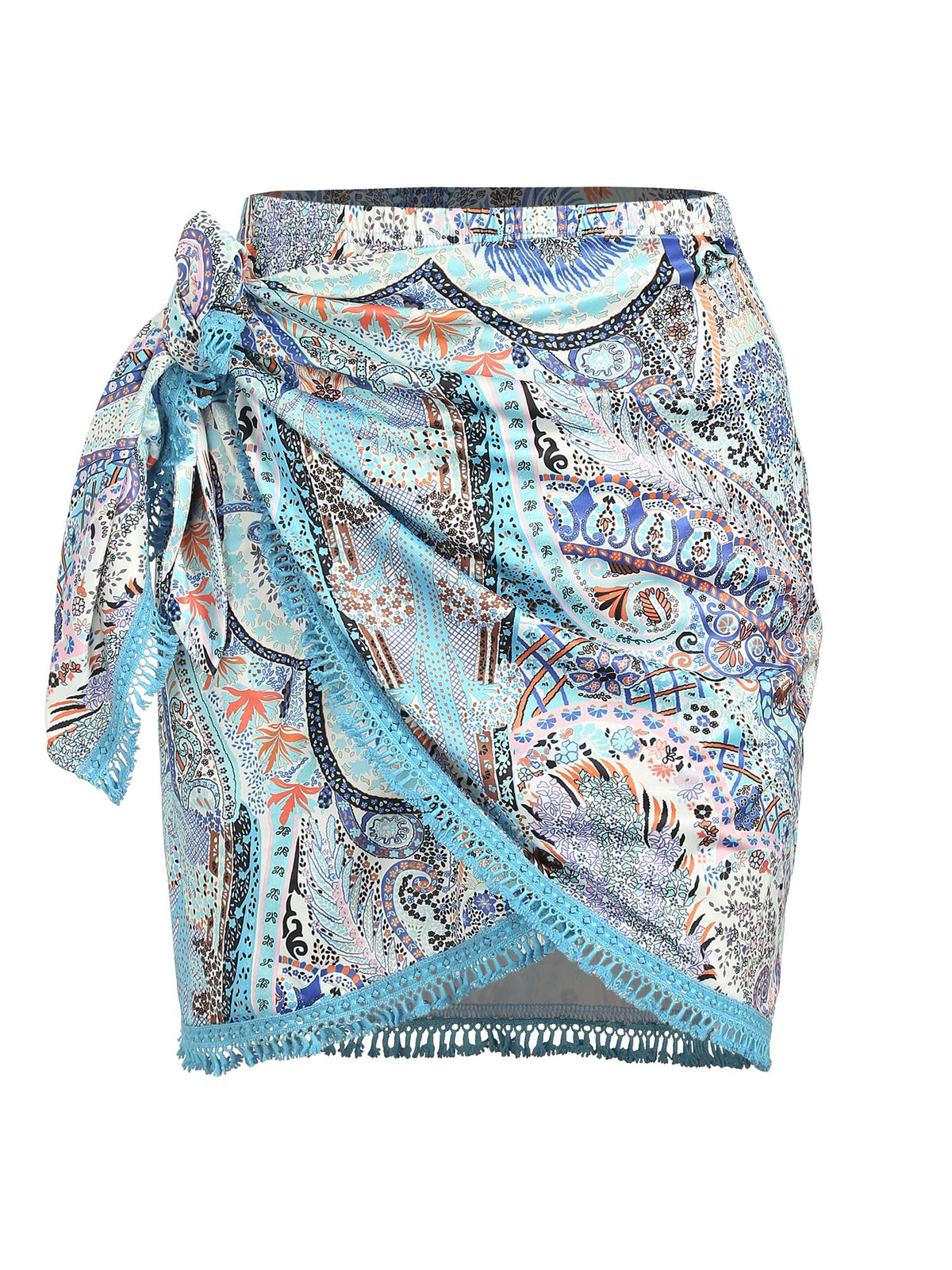ZAFUL Slit Skirt for Women Boho Print Tie Side Wrap Tassel Casual Beach Mini Skirt