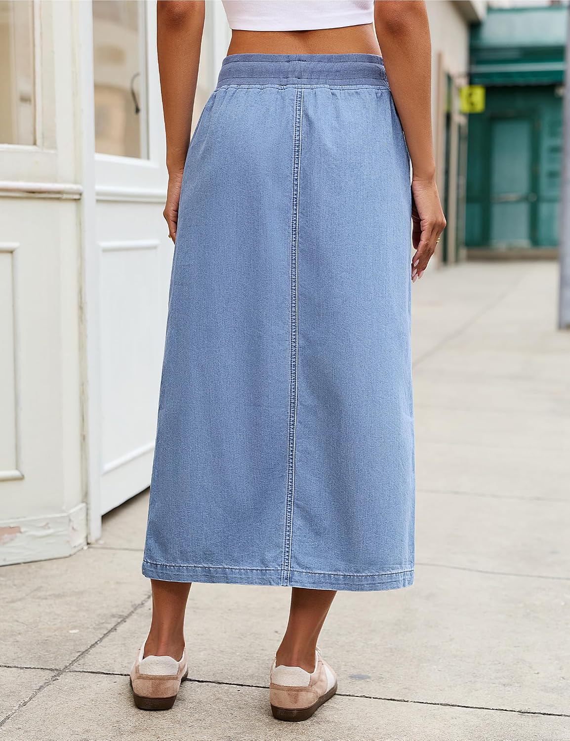 luvamia Jean Skirts for Women High Waisted Midi Denim Drawstring Elastic Waist Long Skirt with Pockets Front Slit
