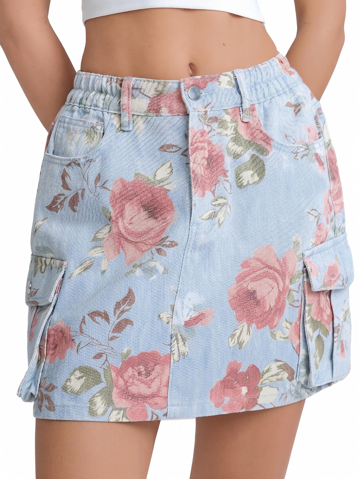 SCOFEEL Women’s Floral Denim Mini Skirt High Waist Cargo Jean Skirt