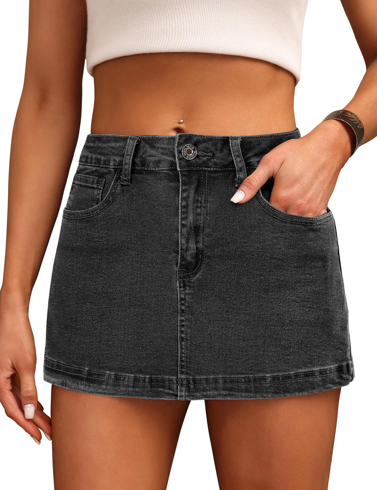 Denim Skort High Waist Denim Skirt Stretch Jean Skirt for Women With Pocket