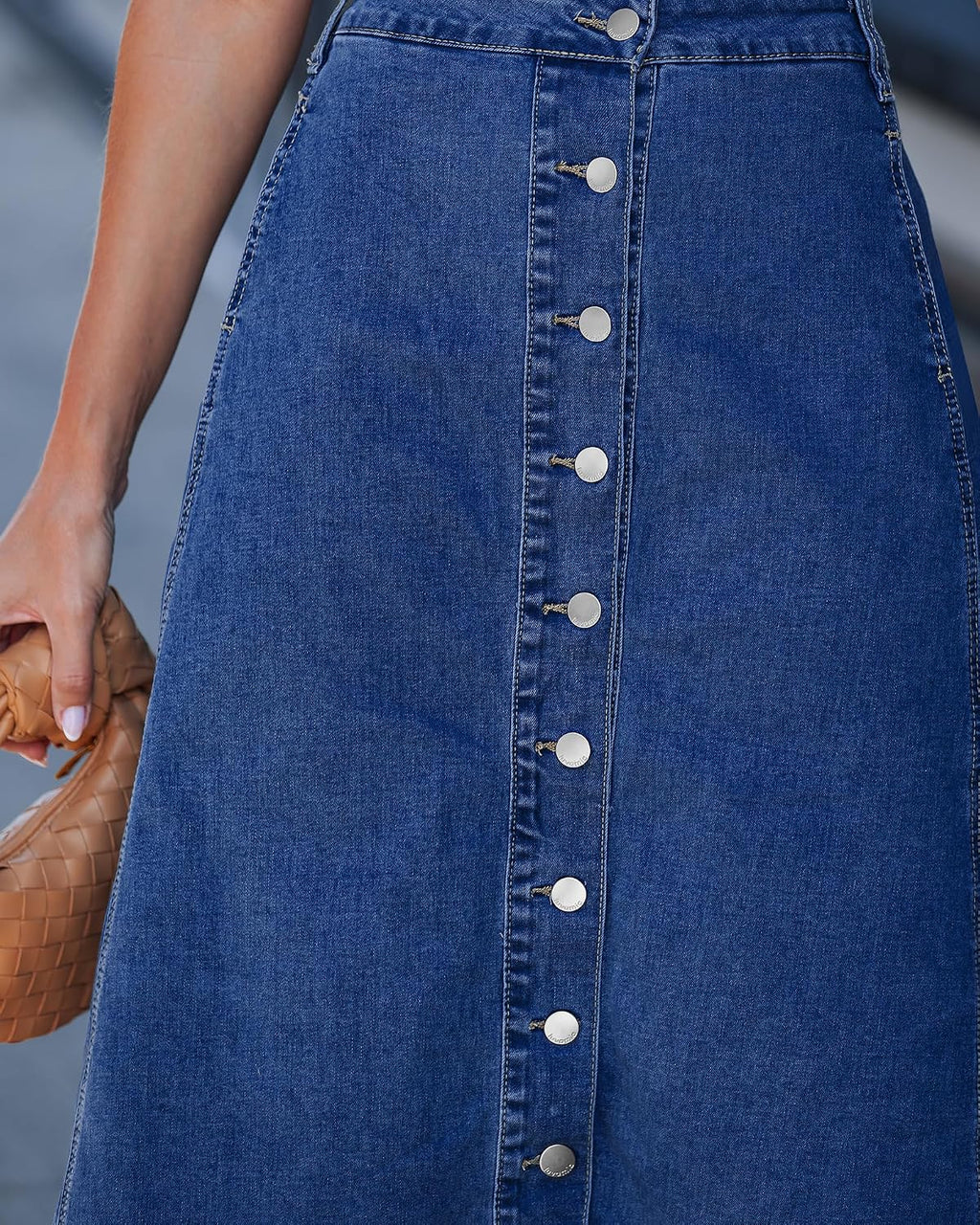 luvamia Jean Skirts for Women Trendy Midi Length A Line Western Casual Button Down Stretchy Denim Skirt with Pockets