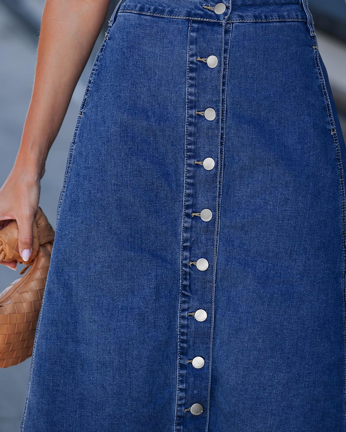 luvamia Jean Skirts for Women Trendy Midi Length A Line Western Casual Button Down Stretchy Denim Skirt with Pockets