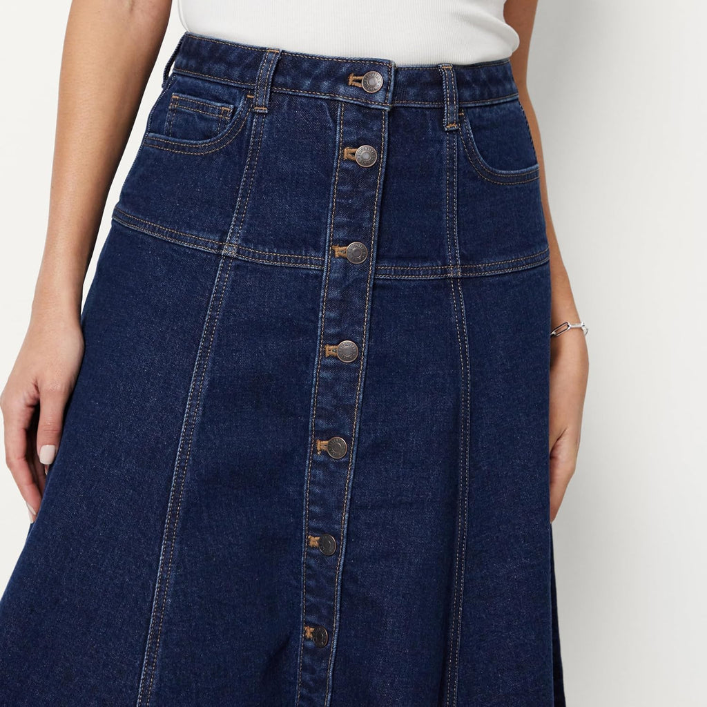 Amazon Essentials Women's A-Line High-Rise Denim Button-Down Midi Skirt