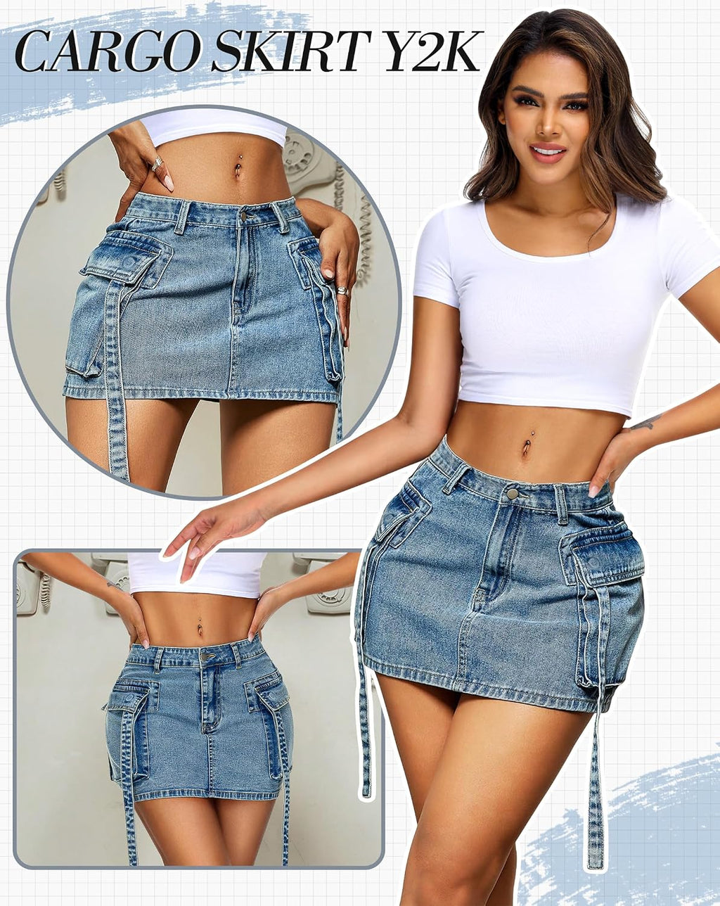 YZEGGO Womens Cargo Skirt Low Waist Button Denim Mini Skirt Summer Y2k Jean Skirt with Flap Pockets