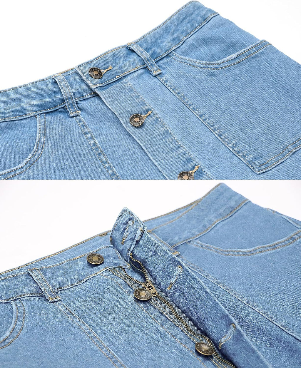 luvamia Women's Casual Mid Rise Button Down Frayed Raw Hem Denim Jean Midi Skirt