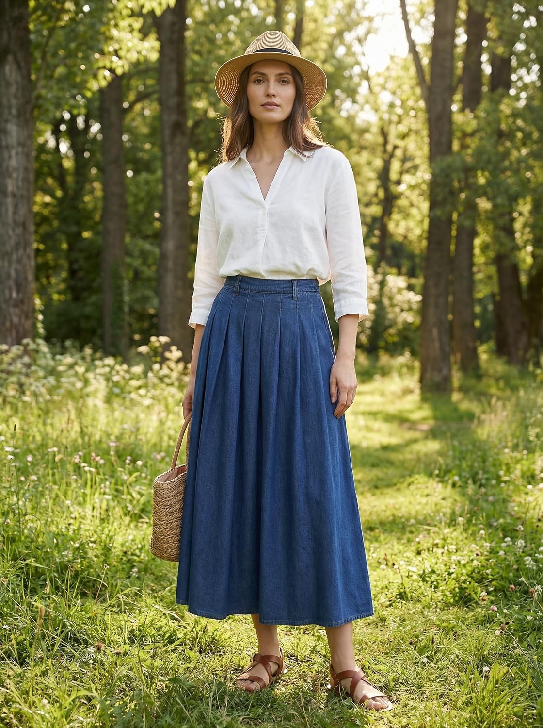 CIDER Womens Jean Skirts Long Denim Pleated A Line Skirt with Pockets