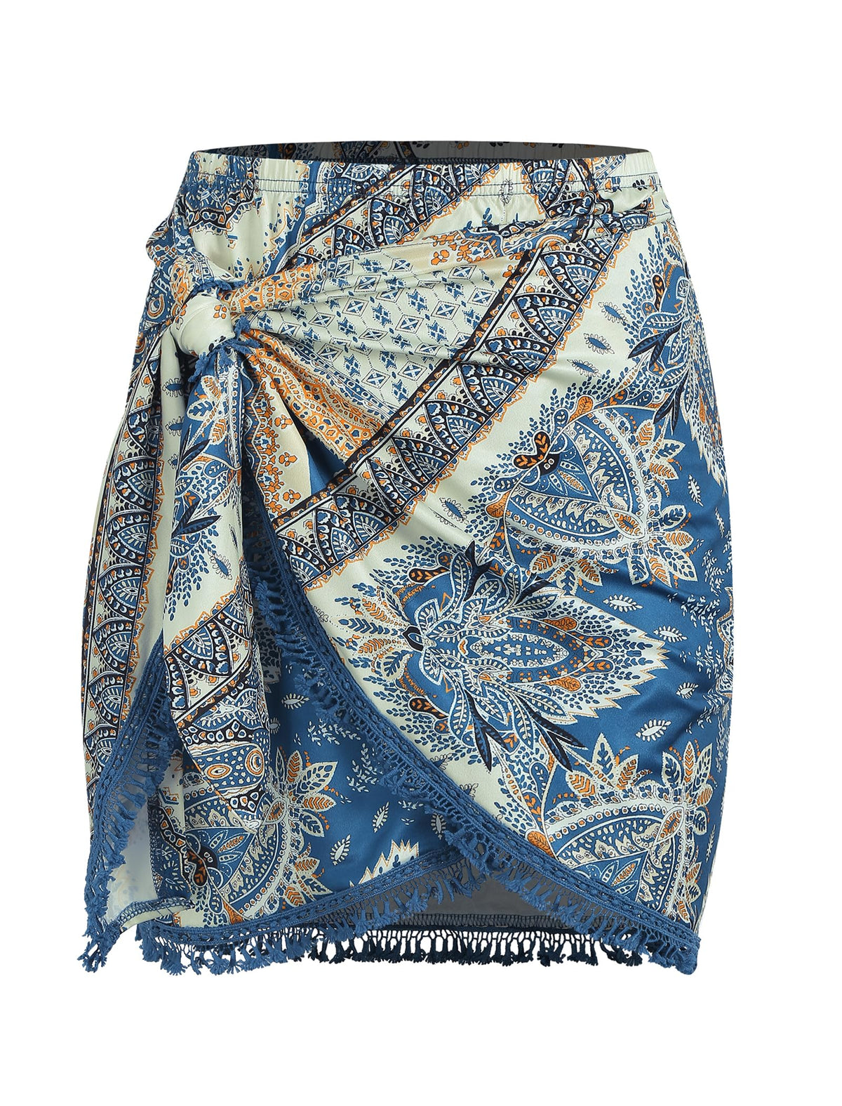 ZAFUL Slit Skirt for Women Boho Print Tie Side Wrap Tassel Casual Beach Mini Skirt