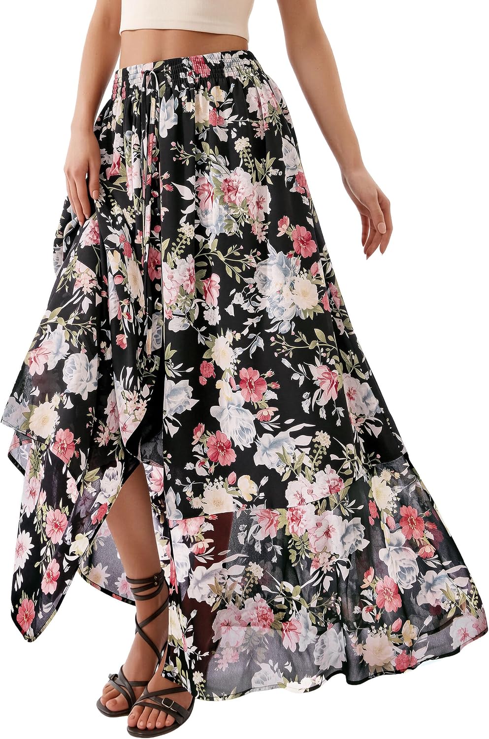 PRETTYGARDEN 2026 Summer Maxi Long Skirts for Women Trendy Boho Floral High Waisted Slit Flowy Travel Beach Vacation Clothes