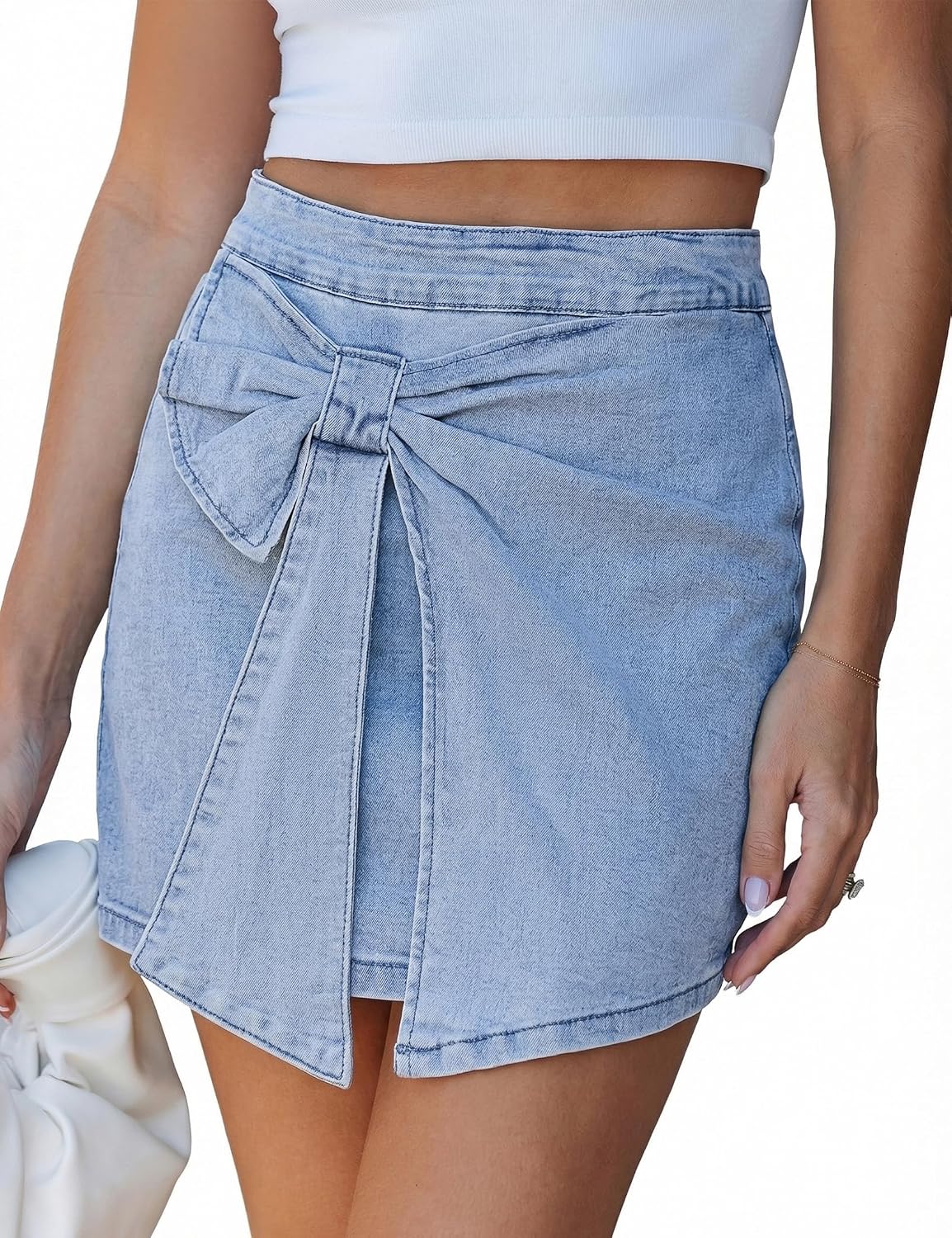 luvamia Jean Skorts for Woman High Rise Mini Skirt Bow Short Stretch Denim Skirts with Shorts Underneath Country Concert