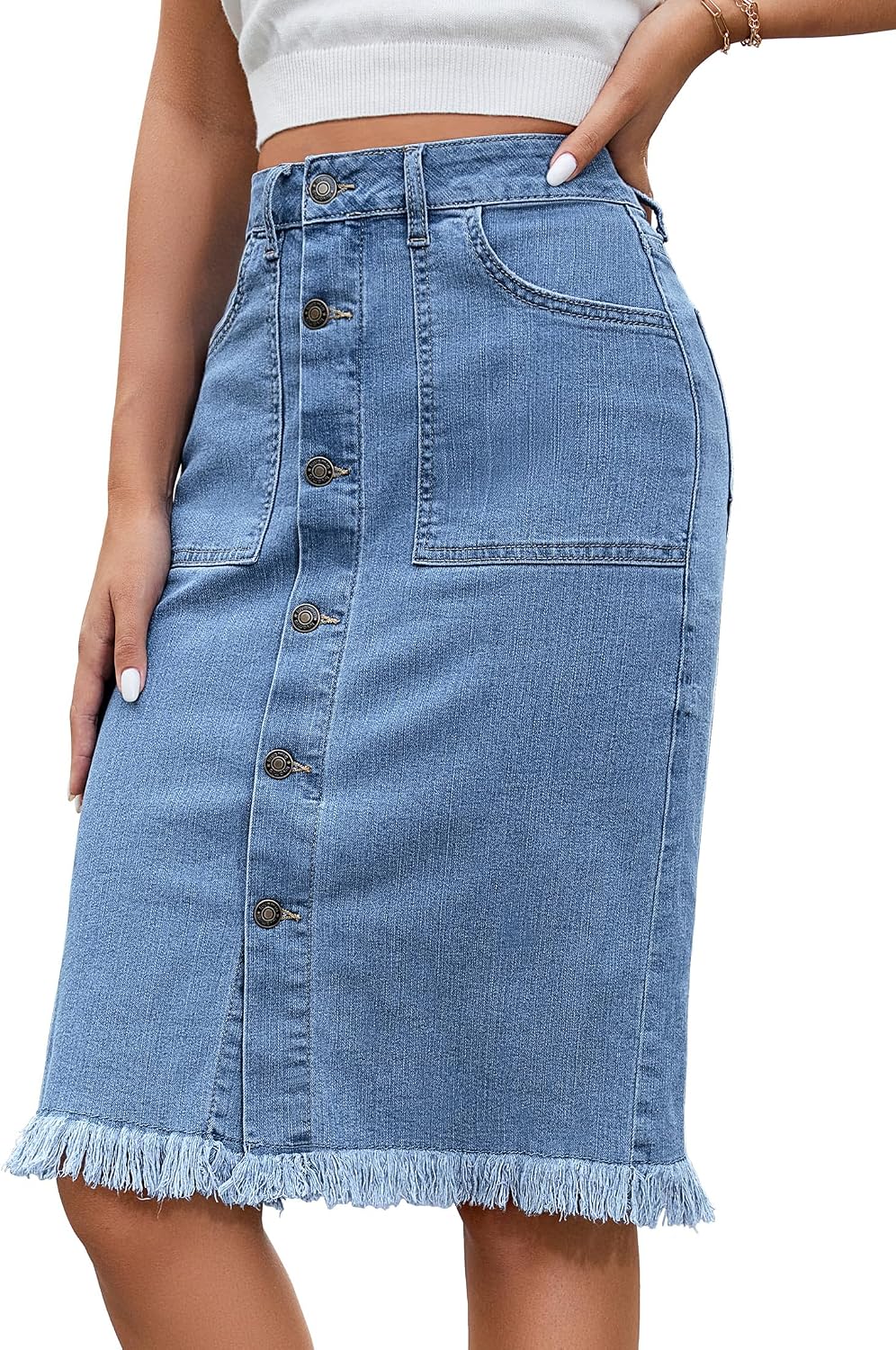 luvamia Women's Casual Mid Rise Button Down Frayed Raw Hem Denim Jean Midi Skirt