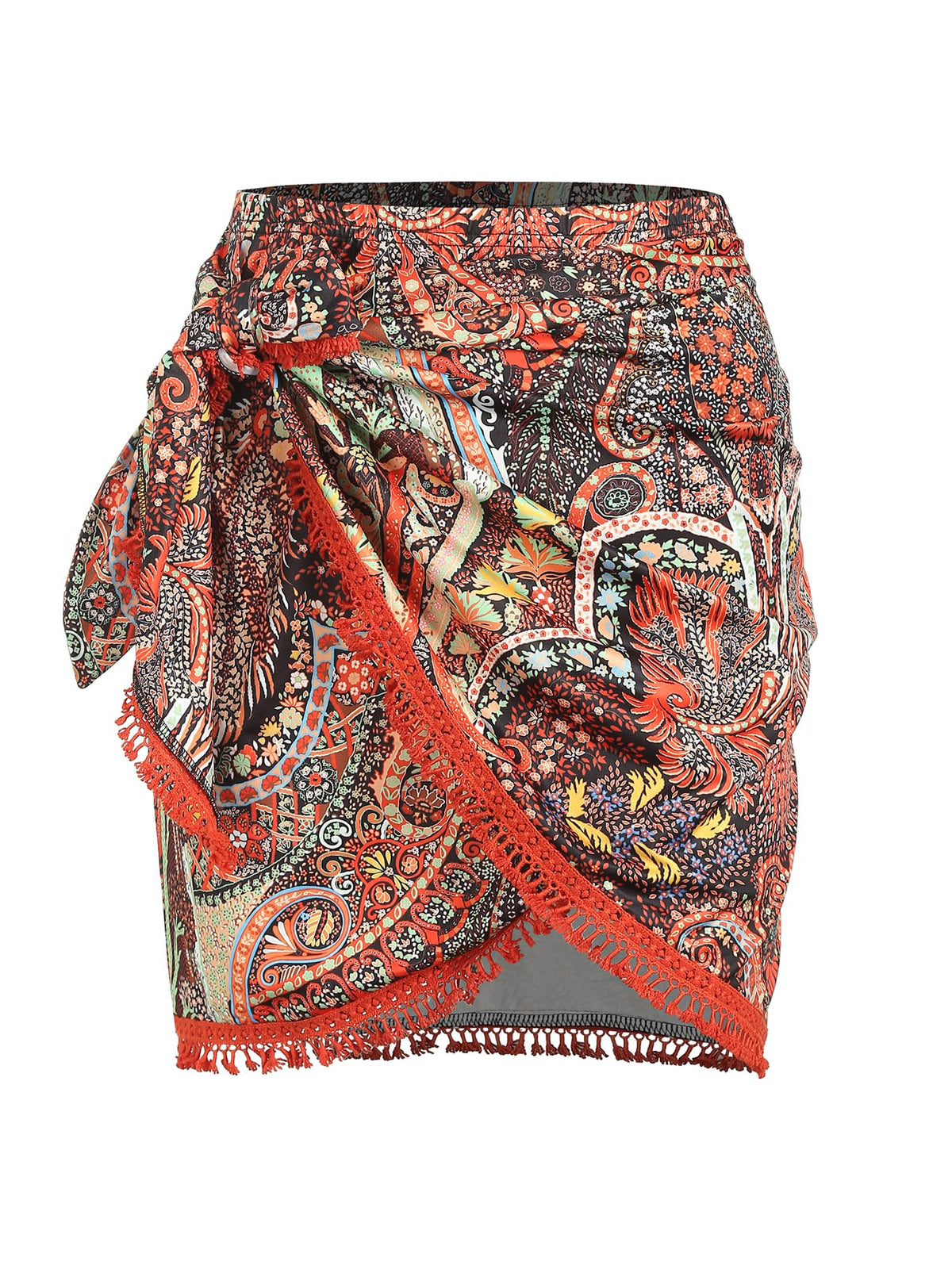 ZAFUL Slit Skirt for Women Boho Print Tie Side Wrap Tassel Casual Beach Mini Skirt