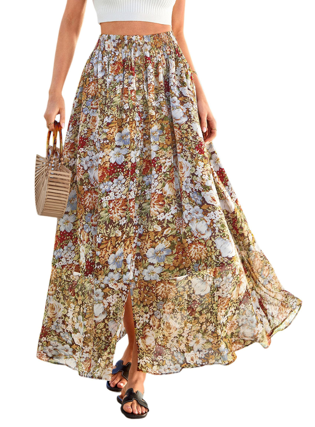 PRETTYGARDEN 2026 Summer Maxi Long Skirts for Women Trendy Boho Floral High Waisted Slit Flowy Travel Beach Vacation Clothes
