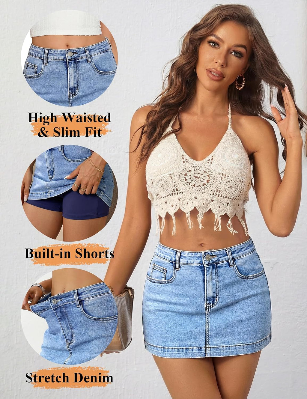 Denim Mini Skirt Stretch Jean Skirts for Women with Shorts Underneath