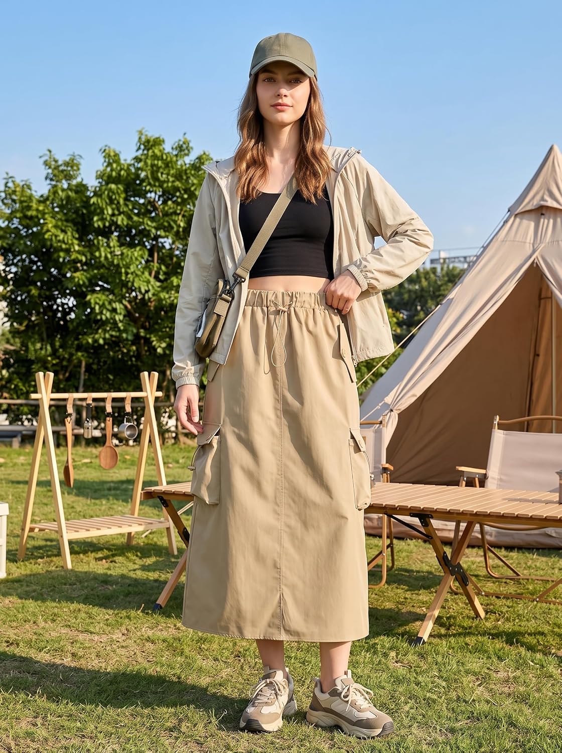 Cromoncent Women Cargo Skirts Midi Utility Skirt Quick Dry Skirts