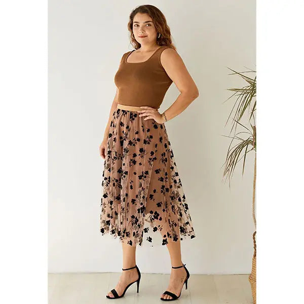 Chicwish 3D Posy Double-Layered Mesh Midi Skirt - Lightweight Polyester Tulle Skirt with Elastic Waistband & Floral Trim for Women