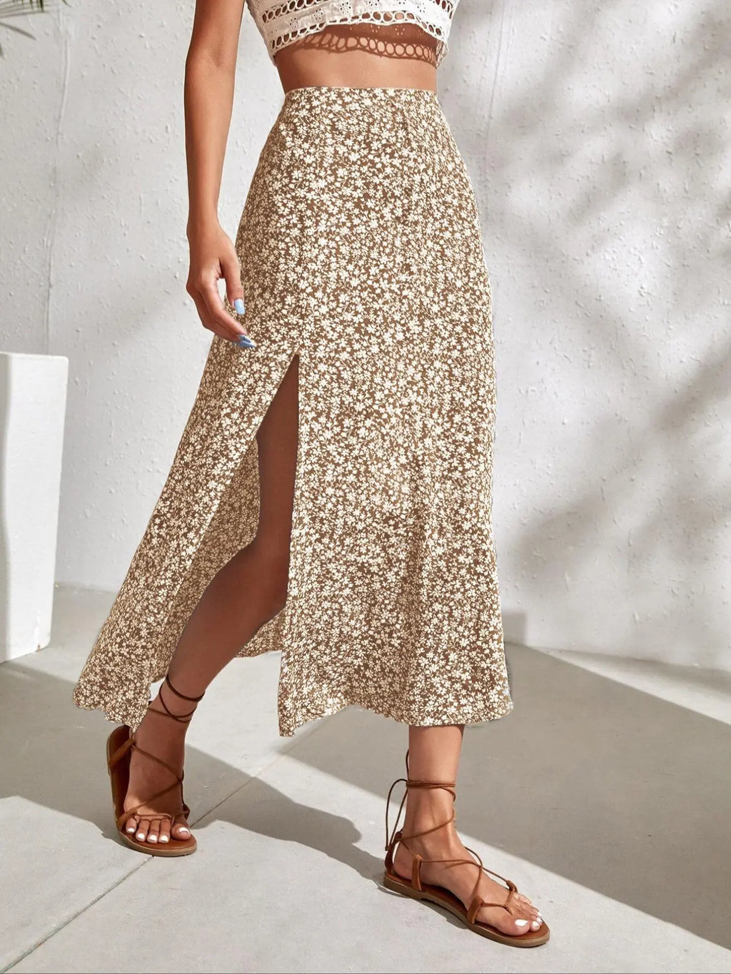 Women's Ditsy Floral Print Split Thigh A Line Skirt, Boho Bohemian Casual High Waist Midi Skirt, Boho Skirts for Beach Holiday Vacation, Summer Outfits 2024, Ladies Summer Clothes, Womenswear Bottom