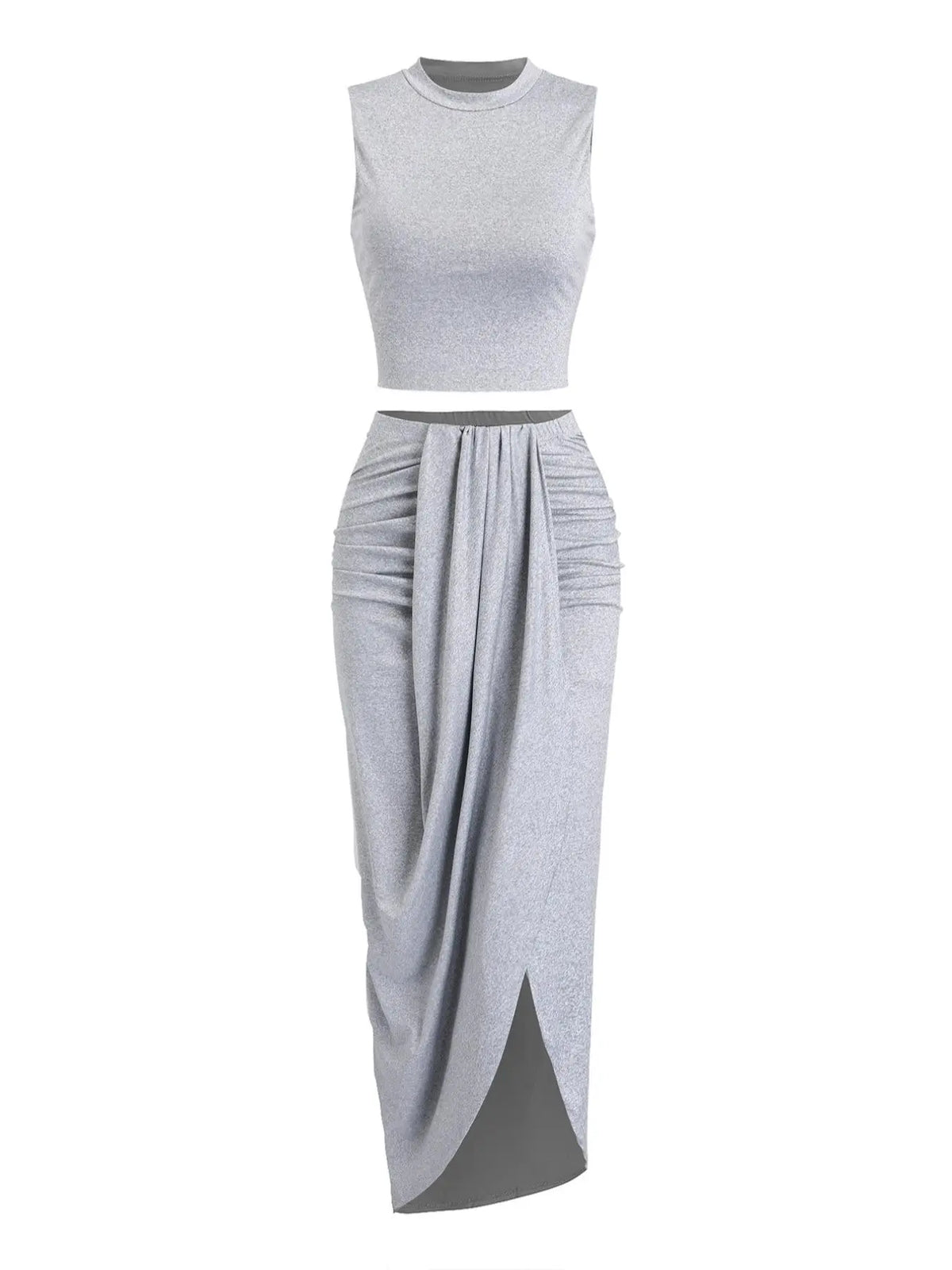 Women's Solid Crop Tank Top & Ruched Asymmetrical Hem Split Skirt Set, Casual Chic Minimalist Style Mock Neck Sleeveless Top & High Waist Wrap Skirt, Cute Summer Outfit Clothes, Beach Outfits Set