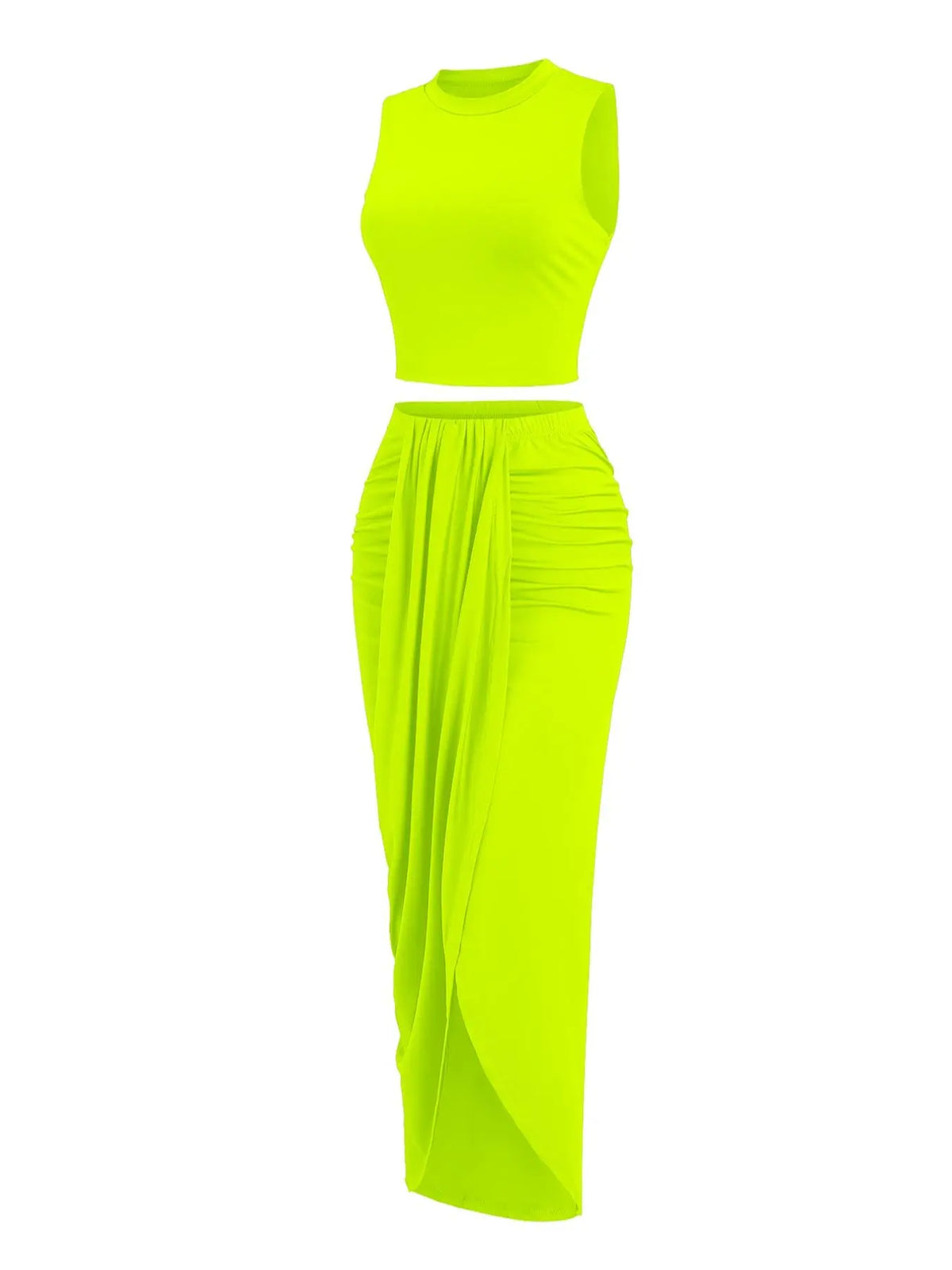 Women's Solid Crop Tank Top & Ruched Asymmetrical Hem Split Skirt Set, Casual Chic Minimalist Style Mock Neck Sleeveless Top & High Waist Wrap Skirt, Cute Summer Outfit Clothes, Beach Outfits Set