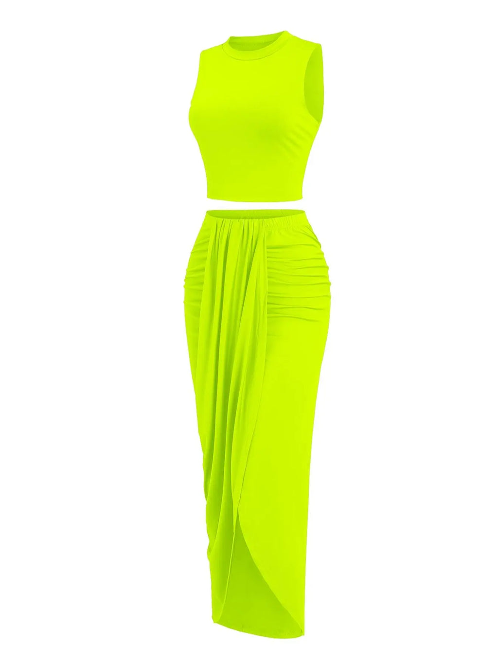 Women's Solid Crop Tank Top & Ruched Asymmetrical Hem Split Skirt Set, Casual Chic Minimalist Style Mock Neck Sleeveless Top & High Waist Wrap Skirt, Cute Summer Outfit Clothes, Beach Outfits Set