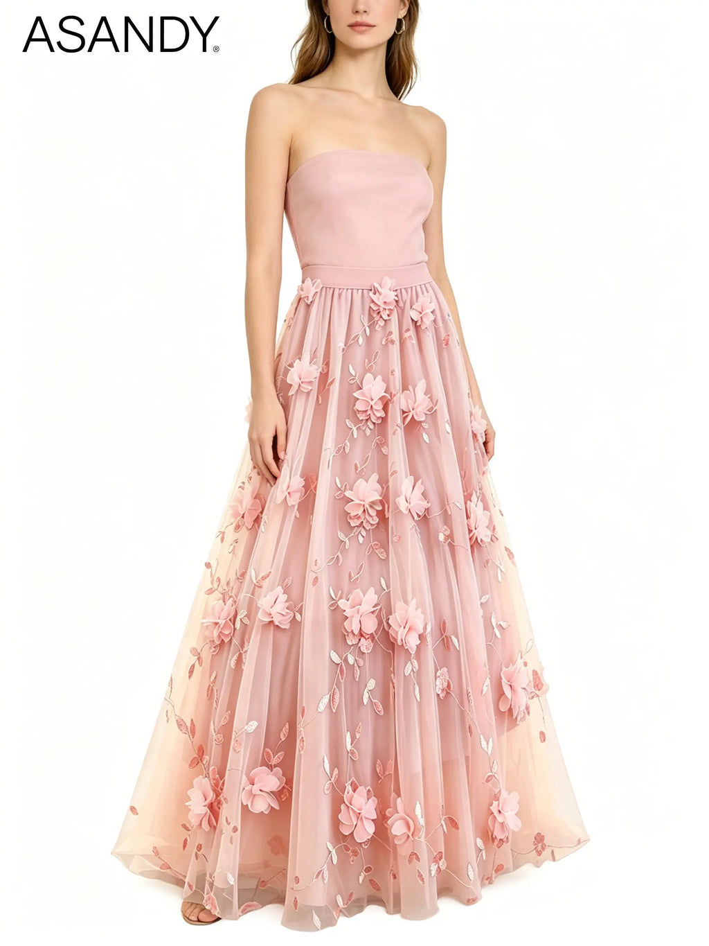 ASANDY Women's High-Waisted A-Line Tulle Maxi Skirt - 3D Floral Embroidery, Handmade Flower Appliqués, Elegant Formal Bottoms with Premium Fabric, Flattering Fit (1-Piece),sohochic