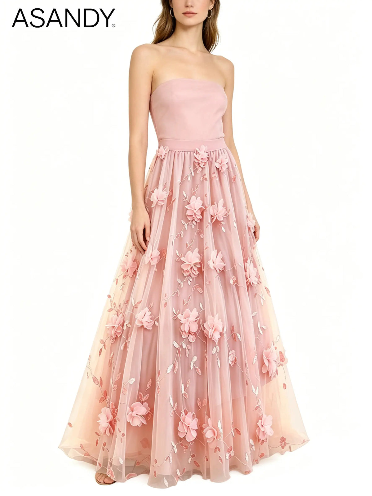 ASANDY Women's High-Waisted A-Line Tulle Maxi Skirt - 3D Floral Embroidery, Handmade Flower Appliqués, Elegant Formal Bottoms with Premium Fabric, Flattering Fit (1-Piece),sohochic