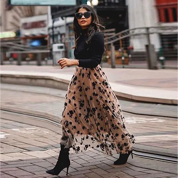 Chicwish 3D Posy Double-Layered Mesh Midi Skirt - Lightweight Polyester Tulle Skirt with Elastic Waistband & Floral Trim for Women