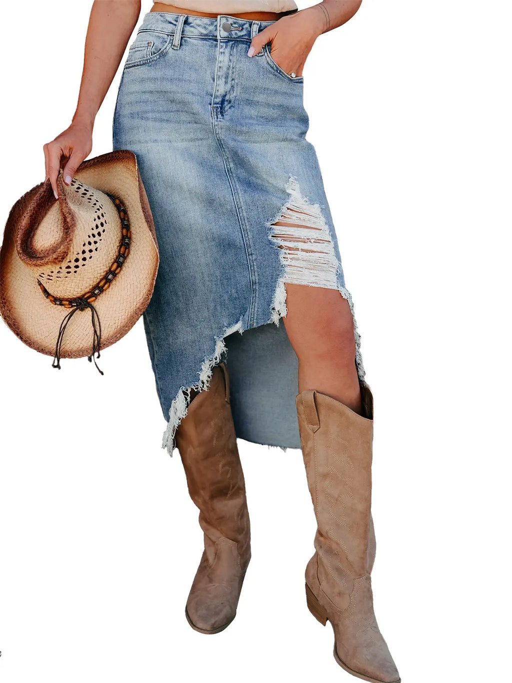 Asvivid Western Asymmetrical Ripped Denim Midi Skirt with Pocket Women High‑low Distressed Irregular Raw Frayed Hem Casual Destroyed Cowgirl Jean Skirts Bottoms Clothes for Back To School Fashion Fall Pick