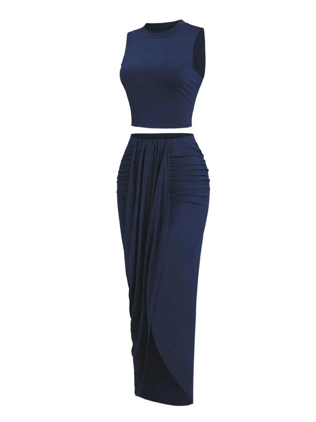 Women's Solid Crop Tank Top & Ruched Asymmetrical Hem Split Skirt Set, Casual Chic Minimalist Style Mock Neck Sleeveless Top & High Waist Wrap Skirt, Cute Summer Outfit Clothes, Beach Outfits Set