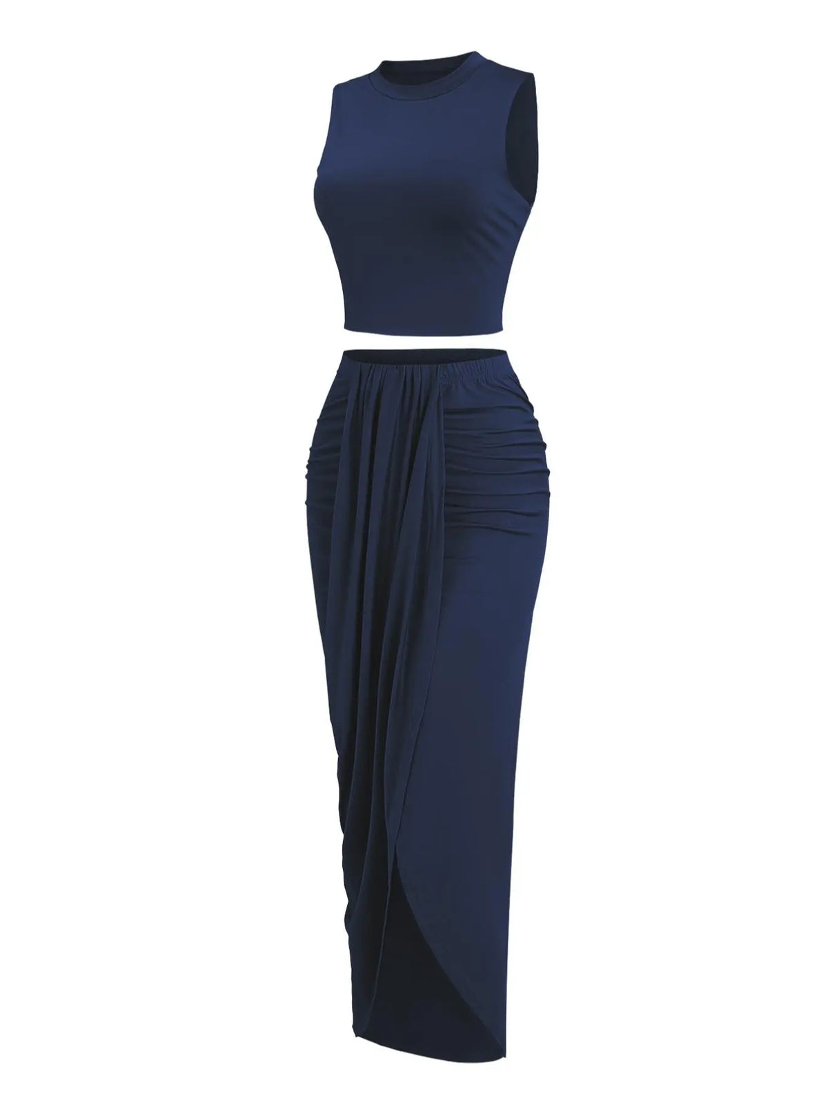 Women's Solid Crop Tank Top & Ruched Asymmetrical Hem Split Skirt Set, Casual Chic Minimalist Style Mock Neck Sleeveless Top & High Waist Wrap Skirt, Cute Summer Outfit Clothes, Beach Outfits Set