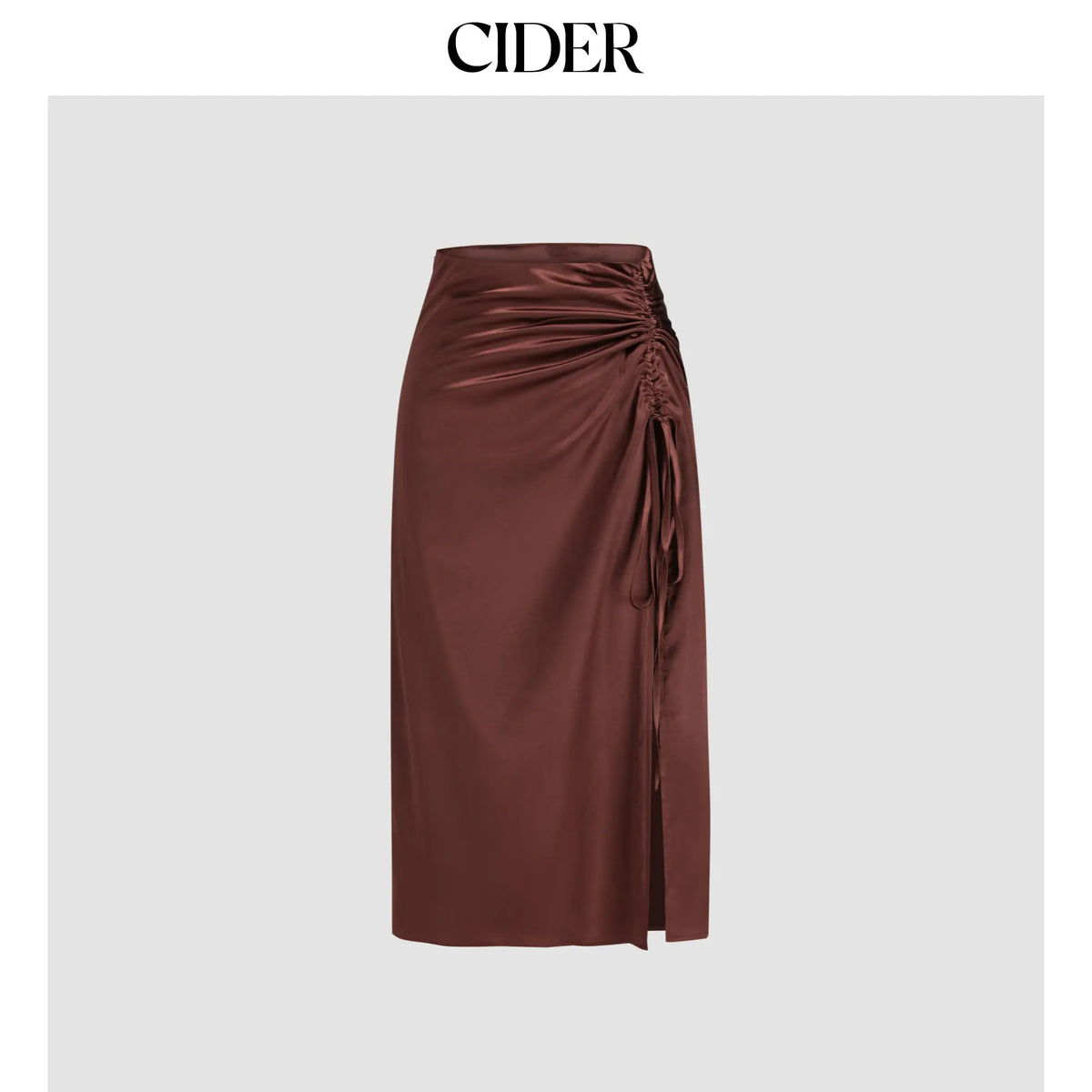 Cider Satin Drawstring Split Midi Skirt