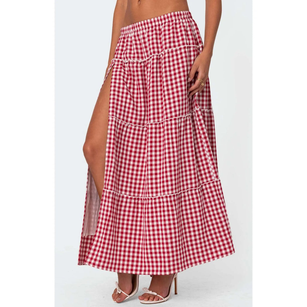 Edikted Women's Gingham Side Slit Tiered Maxi Skirt - Multicolor
