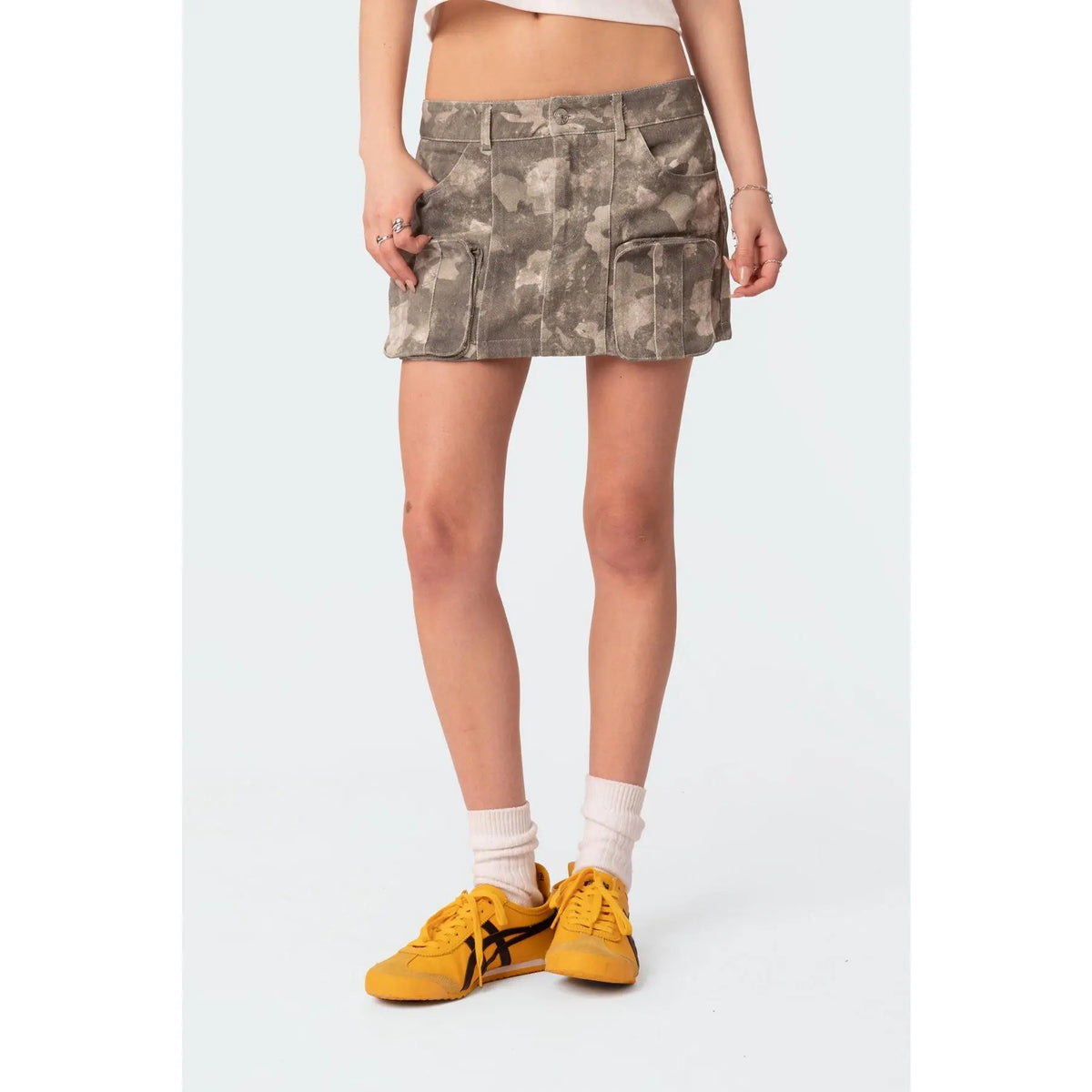Camo Low Rise Denim Cargo Mini Skirt