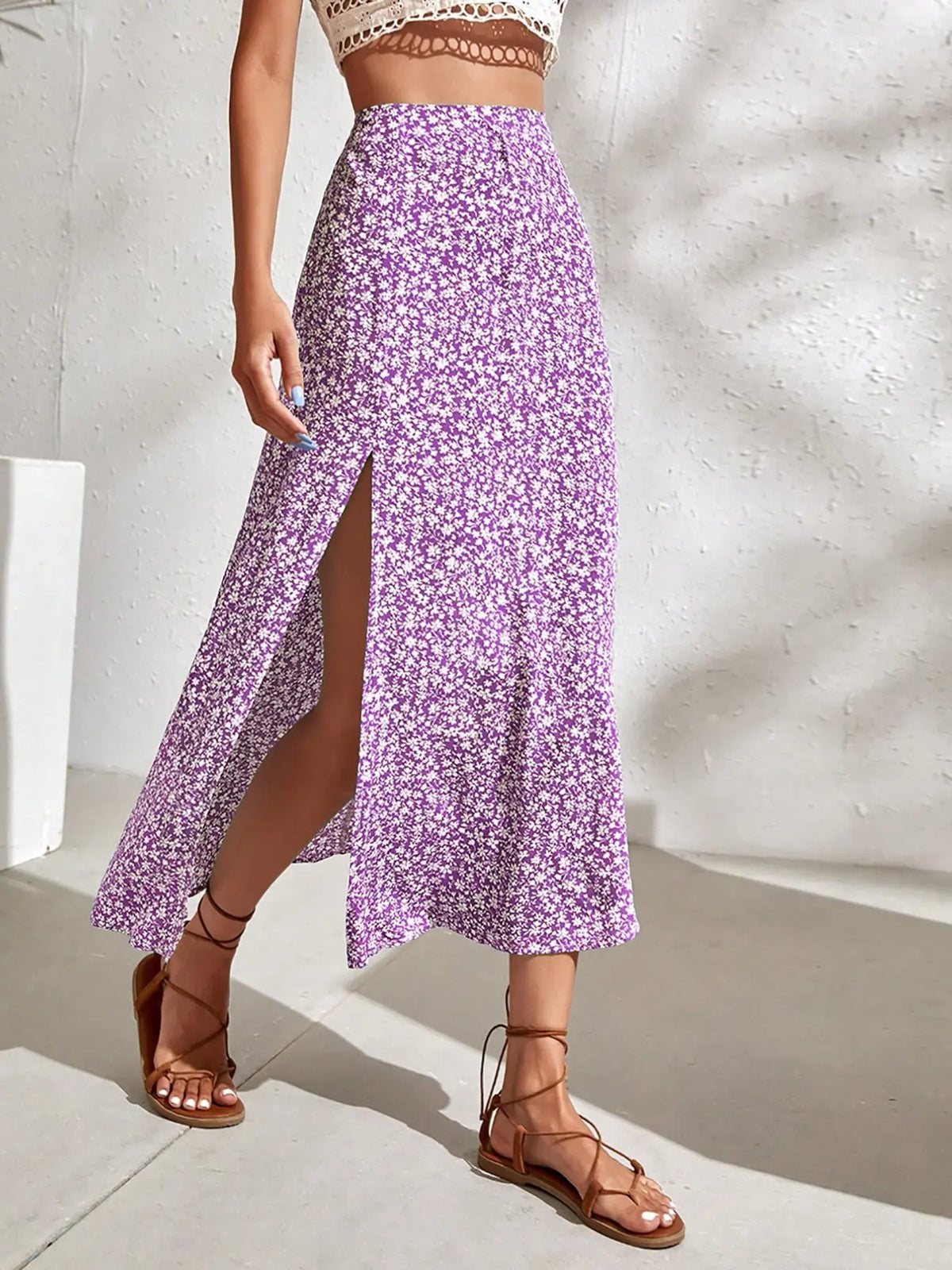 Women's Ditsy Floral Print Split Thigh A Line Skirt, Boho Bohemian Casual High Waist Midi Skirt, Boho Skirts for Beach Holiday Vacation, Summer Outfits 2024, Ladies Summer Clothes, Womenswear Bottom