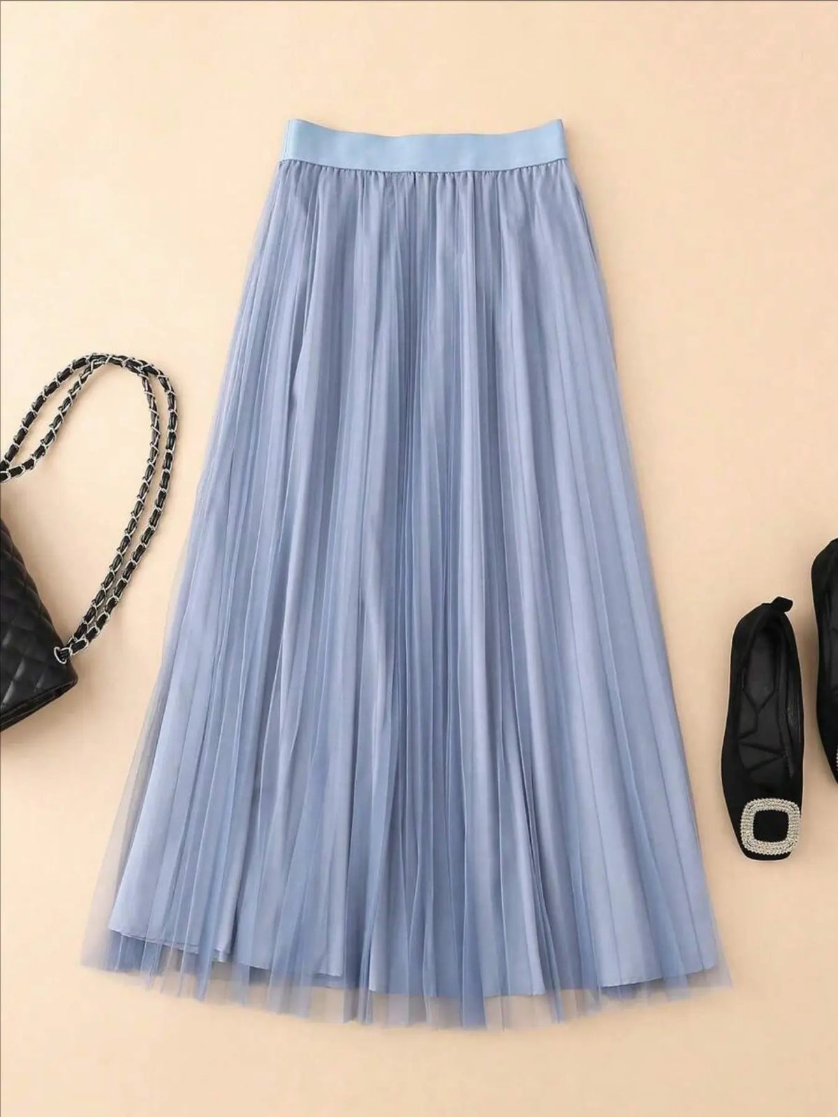 Women's Solid Color Tape Waist Pleated Lightweight Sheer Tulle Skirt, Elegant Chic Fashion A Line Fit Skirt for Party Dating Everyday Wear, Ladies Bottoms for All Seasons