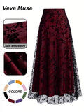 Women's Floral Embroidery Contrast Netting A-line Half Skirt, Aesthetic Fashionable Skirt, Tulle Fabric Skirt, Casual Elegant High Waist Midi Dress for Party, Holiday, Wedding Guest Wear, Four Seasons Suitable Long Dress for Women