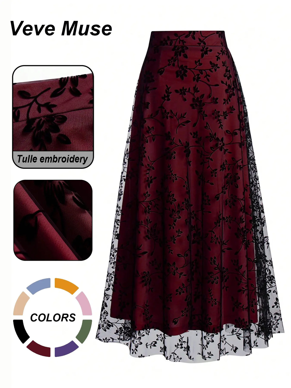 Women's Floral Embroidery Contrast Netting A-line Half Skirt, Aesthetic Fashionable Skirt, Tulle Fabric Skirt, Casual Elegant High Waist Midi Dress for Party, Holiday, Wedding Guest Wear, Four Seasons Suitable Long Dress for Women