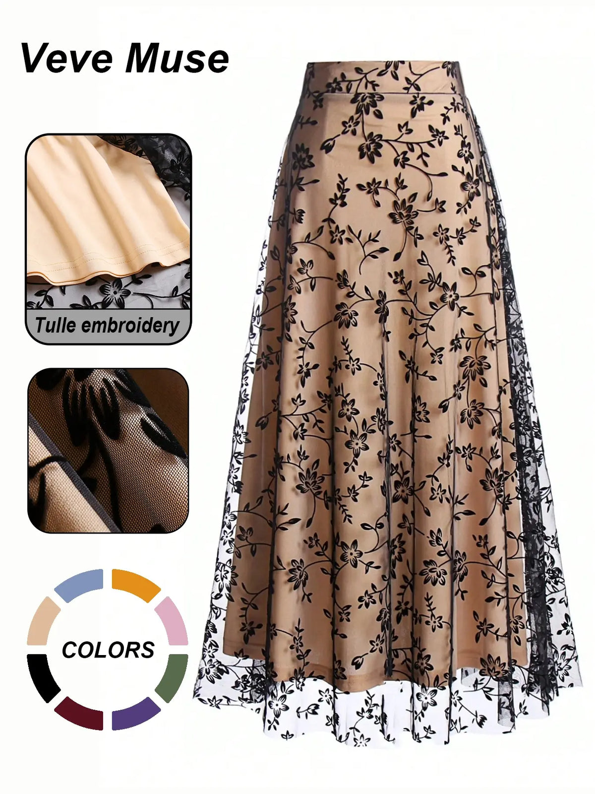 Women's Floral Embroidery Contrast Netting A-line Half Skirt, Aesthetic Fashionable Skirt, Tulle Fabric Skirt, Casual Elegant High Waist Midi Dress for Party, Holiday, Wedding Guest Wear, Four Seasons Suitable Long Dress for Women