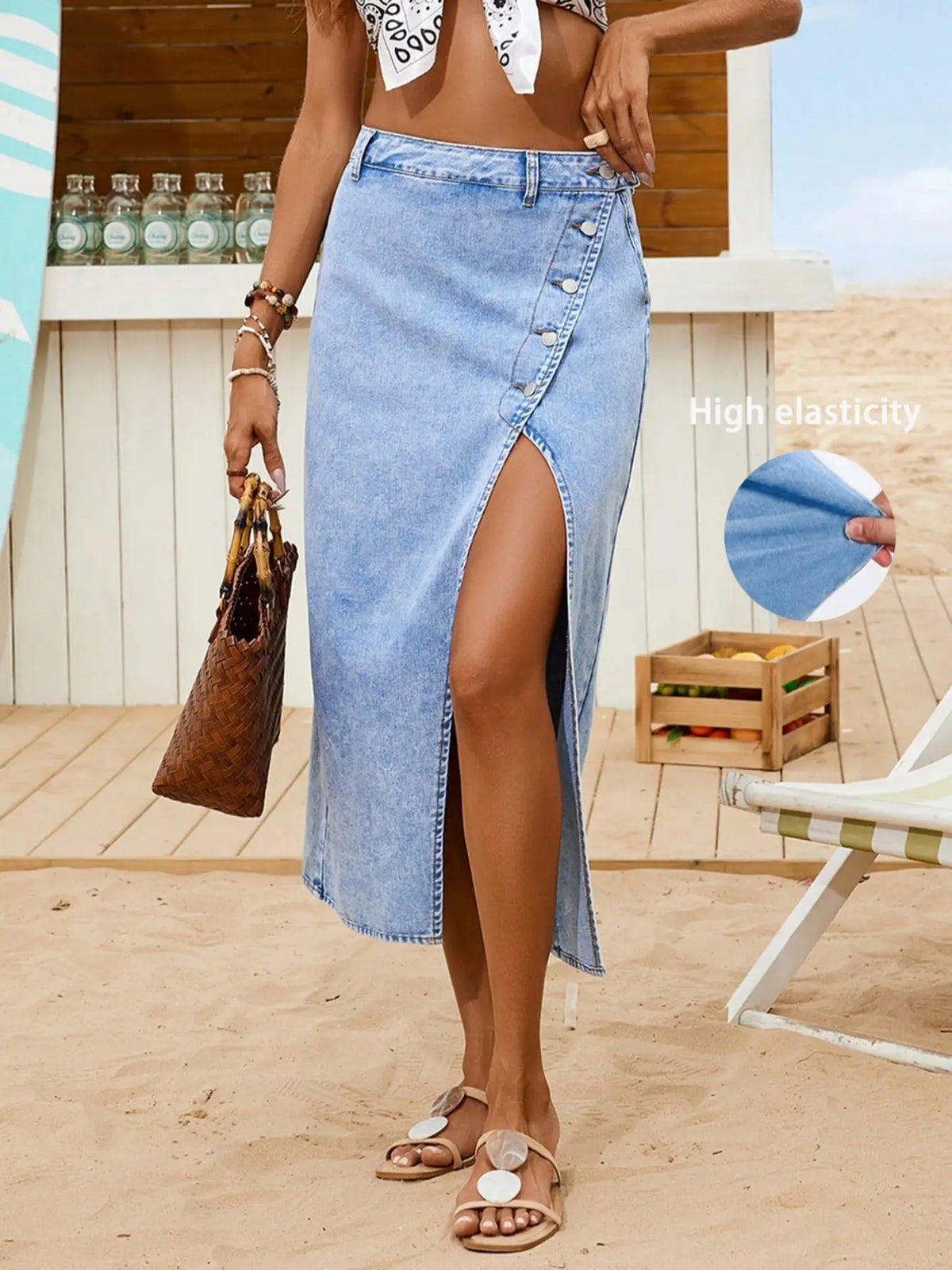 Women Denim Skirt Light Wash Fit Fitted Casual Vacation Sexy Side Slit, Split Hem Skirt, Casual Pocket Button, Stretch Fabric Stretchy Skirt for Daily Wear, Ladies Bottoms for All Seasons, Casual Fashion Skirt, Stretch Skirts
